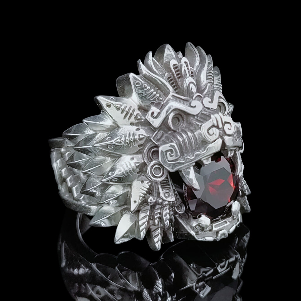 Quetzalcoatl Red Garnet Ring - 925 Sterling Silver – Serpent Forge