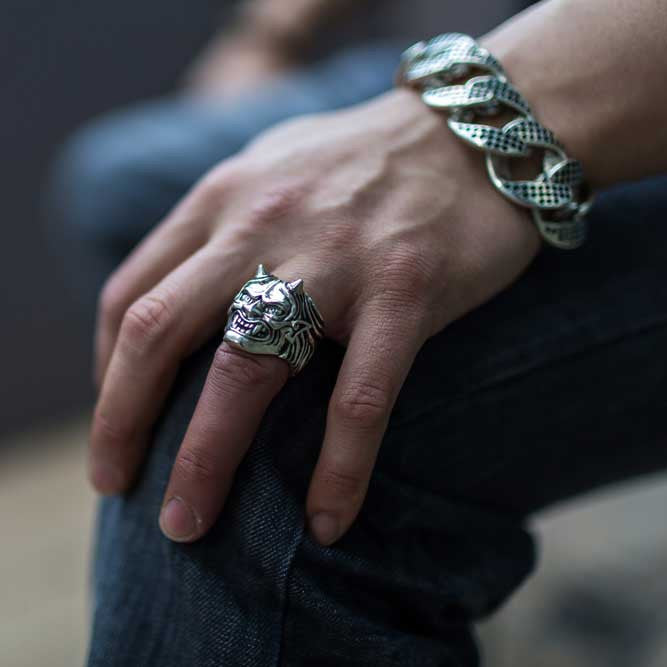 Silver Hannya Mask Ring on Hand